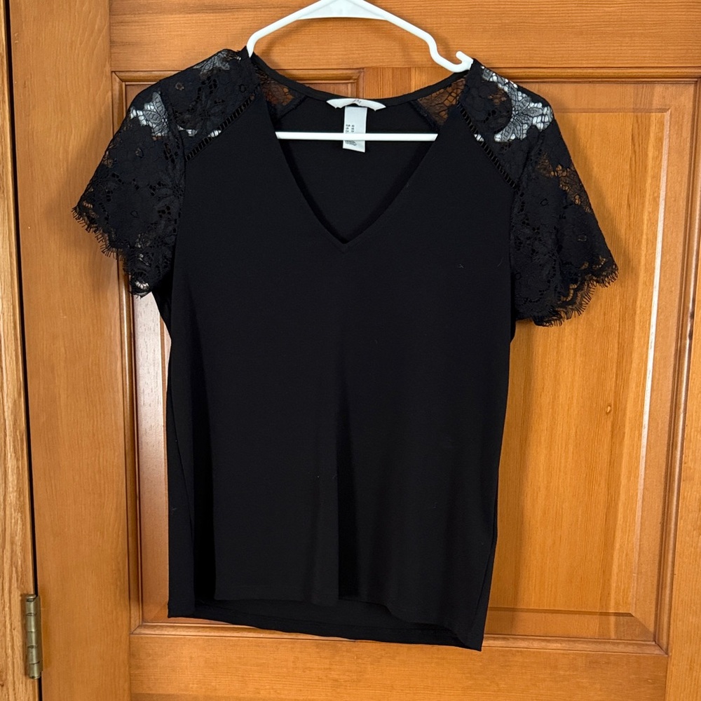 H&M Black V-Neck Top with Lace Sleeves
